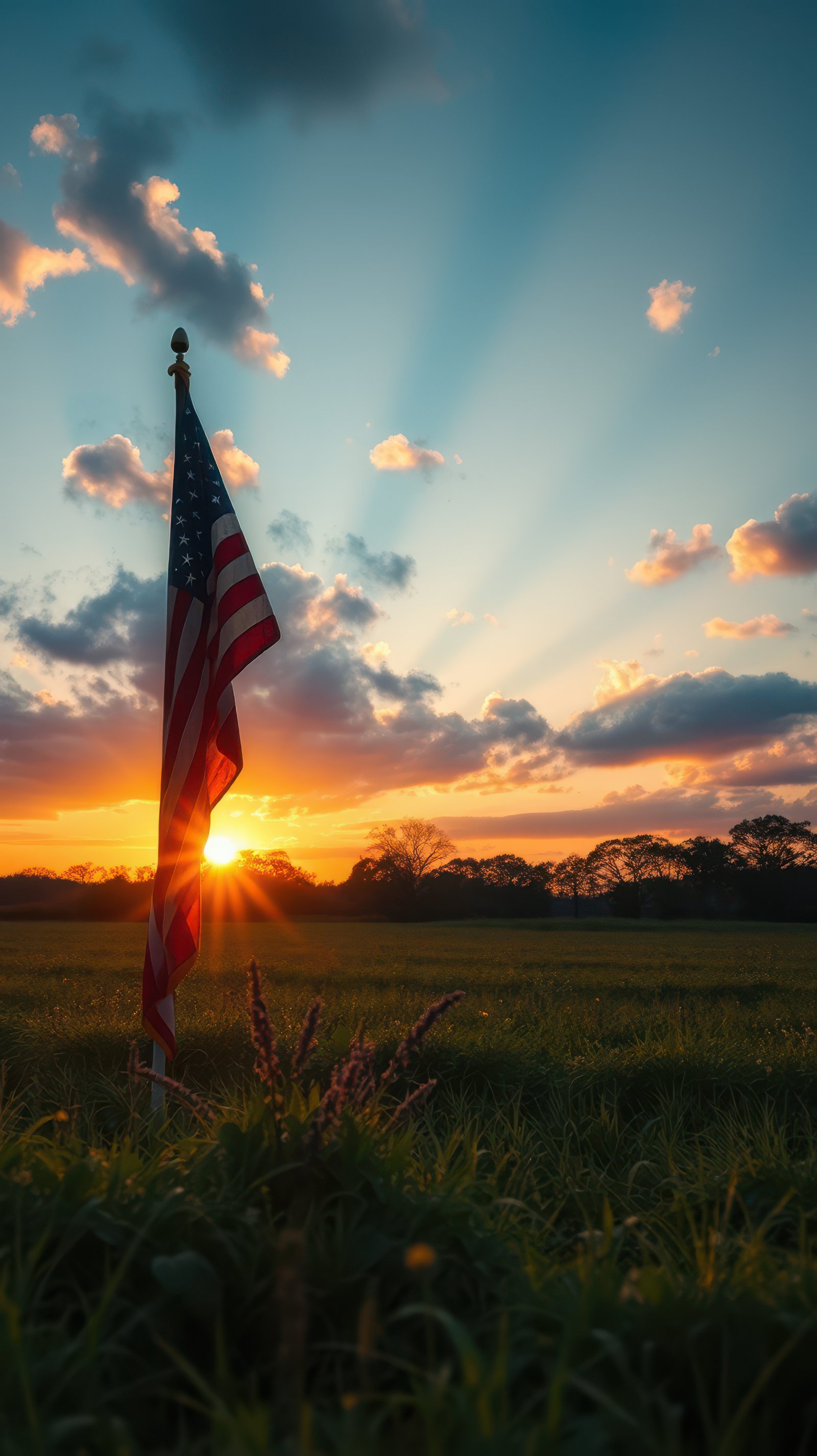 Sunset behind an American flag in a peaceful field